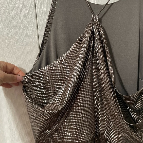 Halston Women’s Hi low Drape Metallic Gunmetal Racer back Midi dress size 8 - Picture 5 of 16